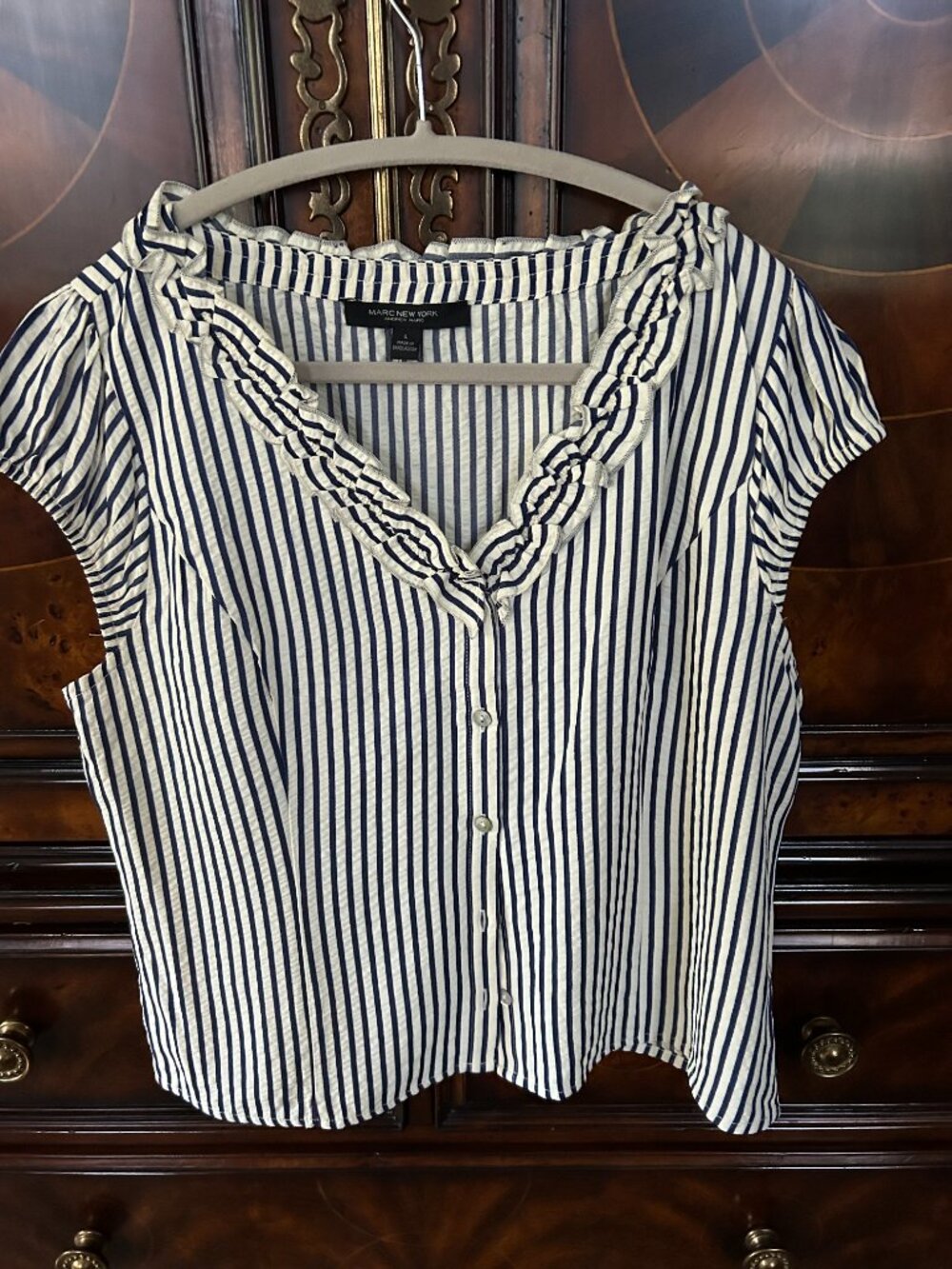 Marc New York Navy and Cream ruffled blouse